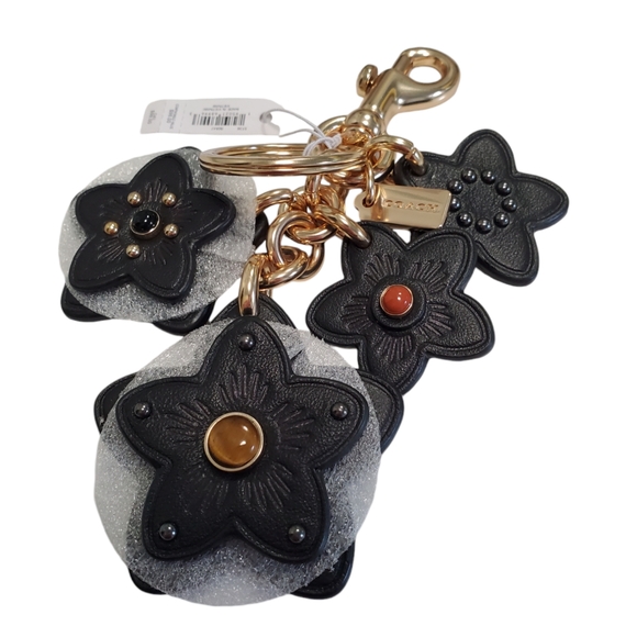 Coach Wildflower Mix Large Leather Bag Charm Black & Gold Multi - Picture 4 of 7